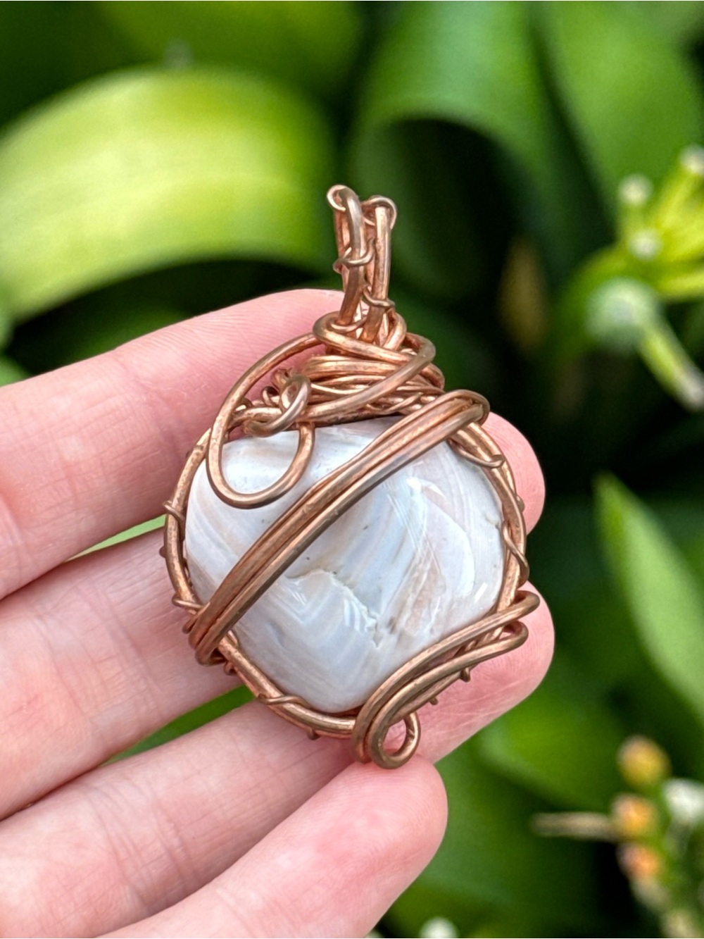 Handcrafted Copper Wire Wrapped White Agate Pendant Necklace